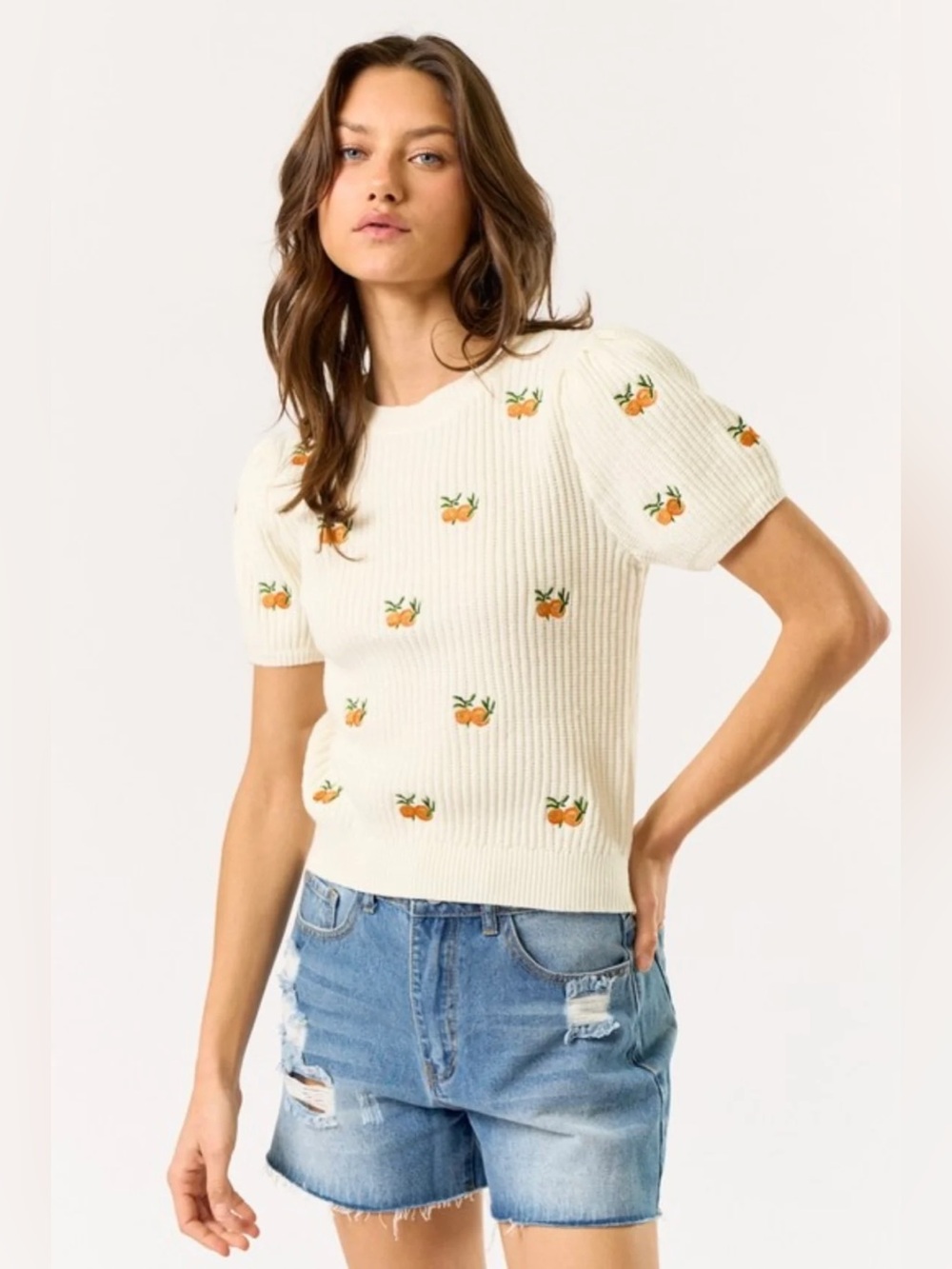 Lalavon Cream Short-Sleeve Knit Sweater with Orange Embroidery
